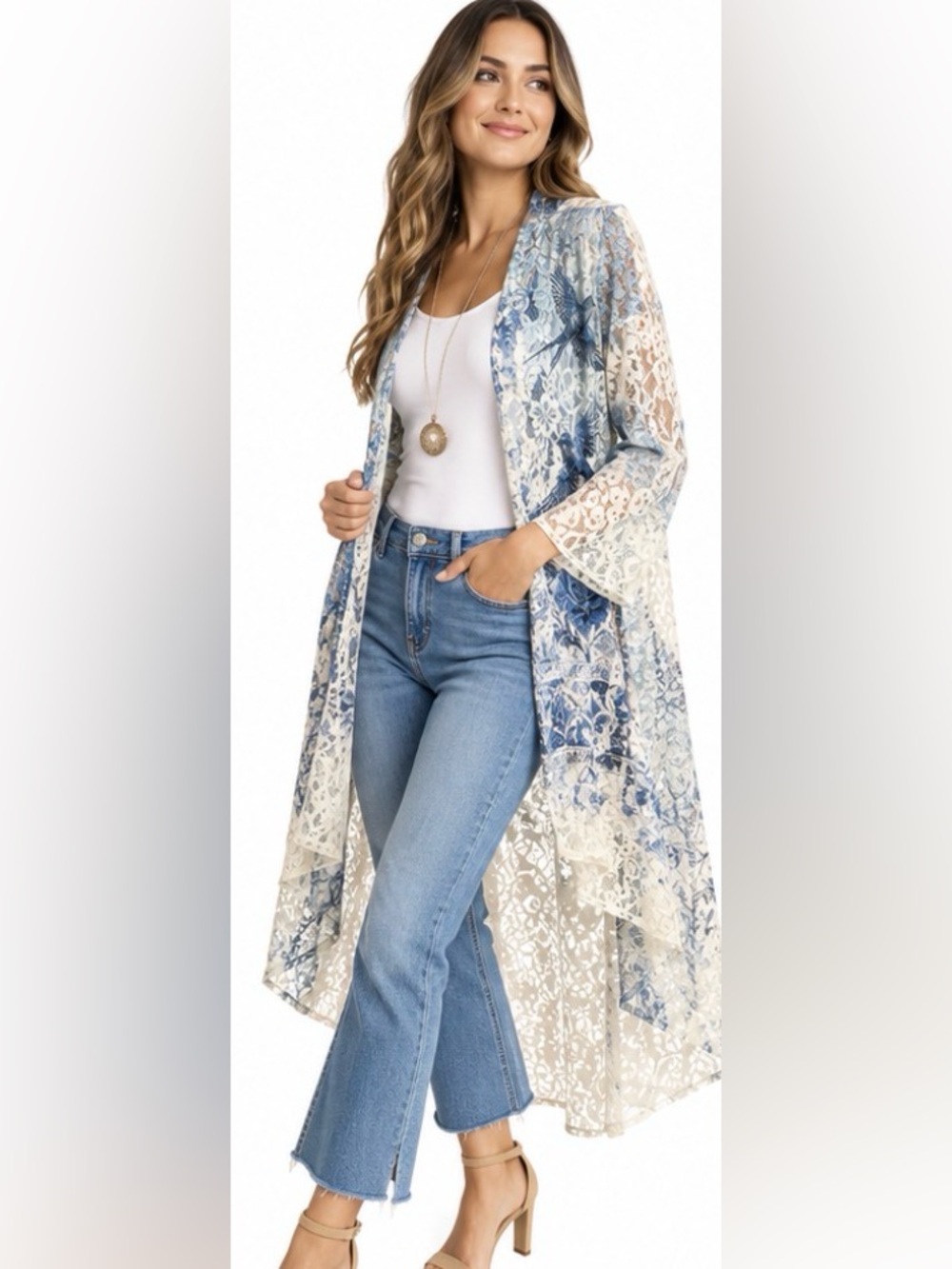 Origami by Vivian NWT Blue Floral Bird Lace High Low Kimono Duster Size Small